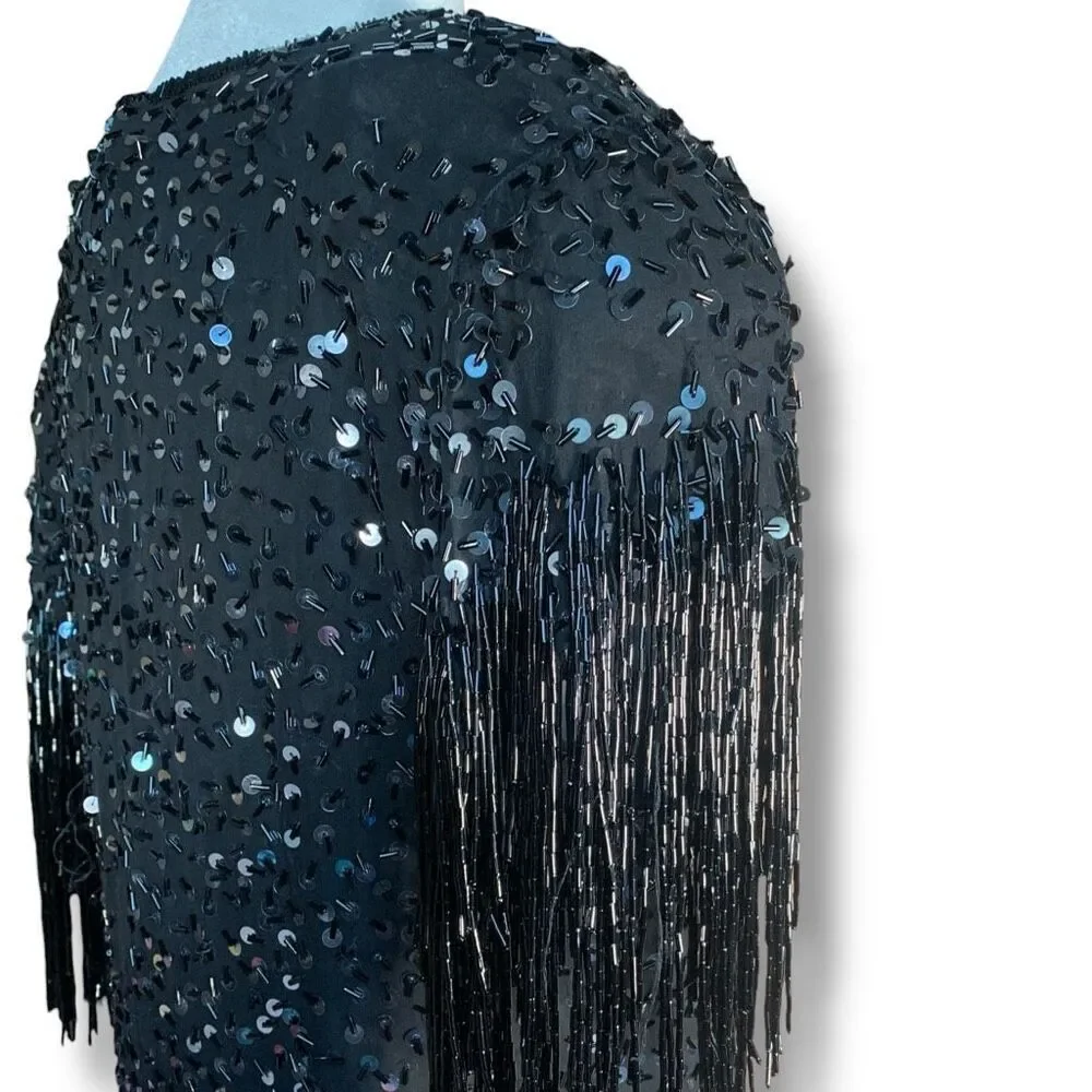 Vintage 80s Cocktail Dress Silk Black Metallic Sequin Fringe Hemmed Sleeve‎ 10